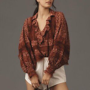 By Anthropologie Ruffled V-Neck Popover Blouse Red Motif Large
